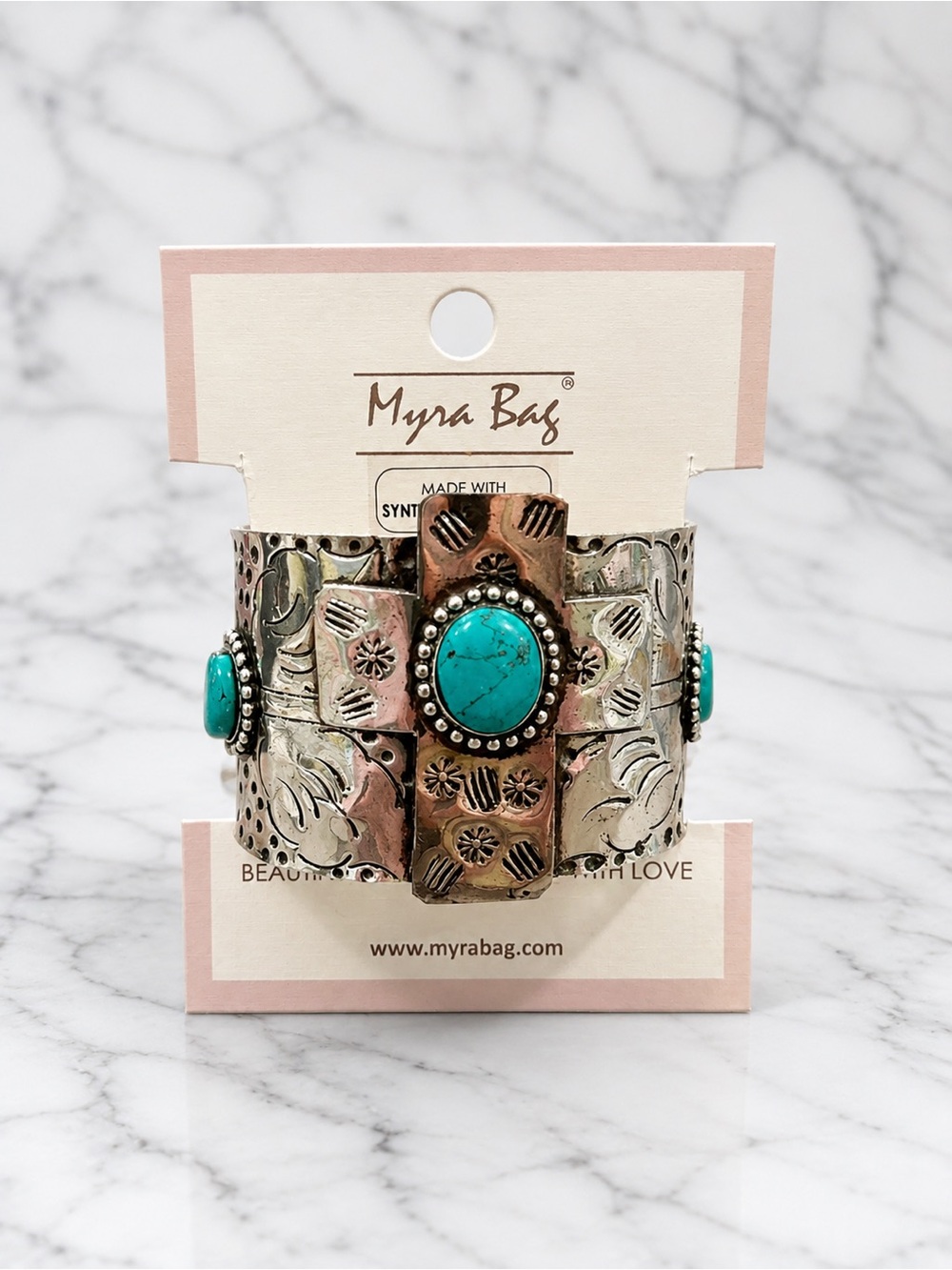 Myra Bag Handcrafted Silver Tone Turquoise Statement Cuff Bracelet NWT